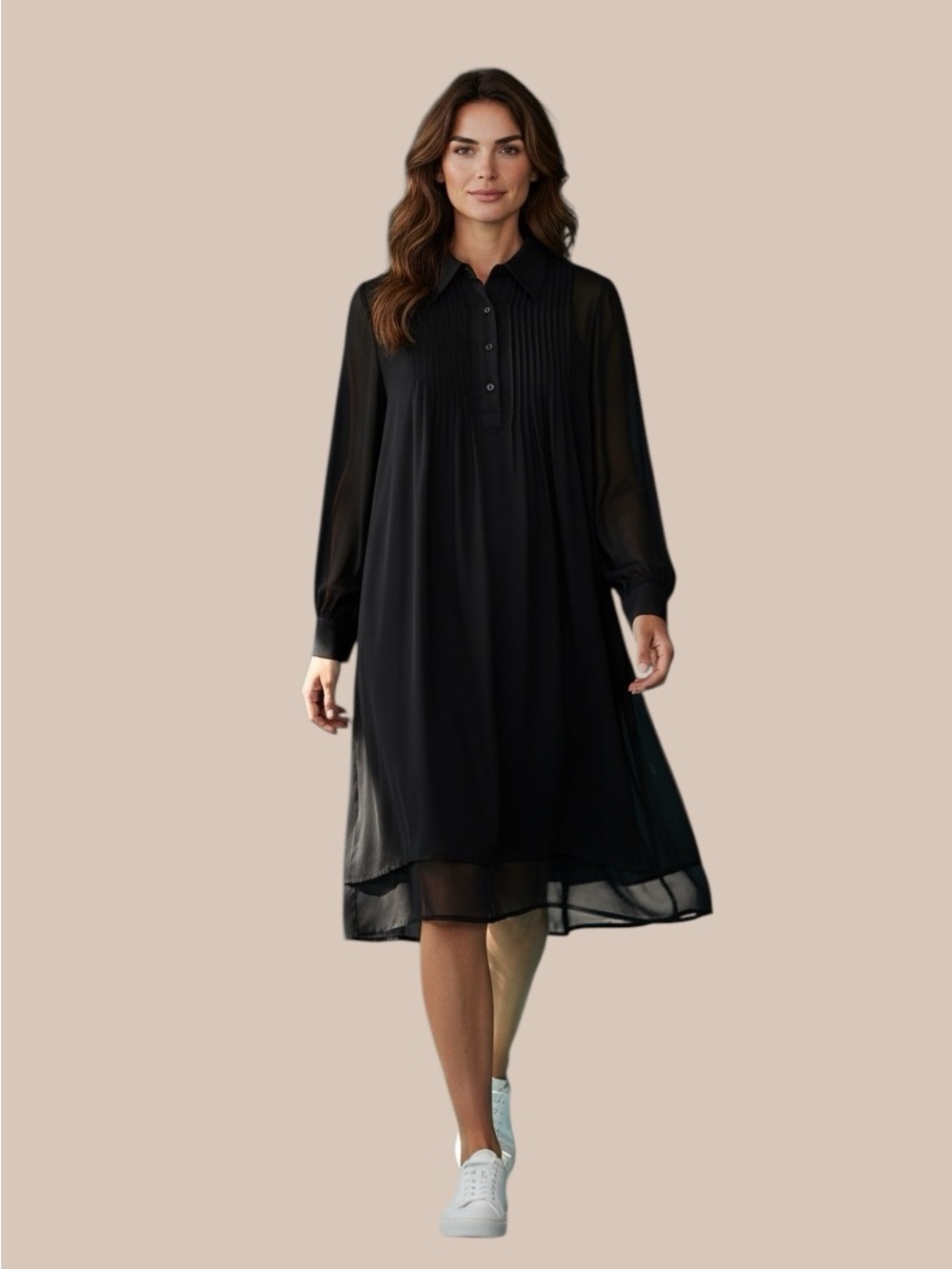 Nine West Black Long-Sleeve Pleated Shift Dress